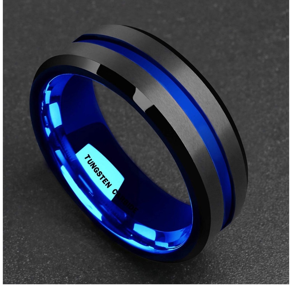 8mm Black Matte Finish Blue Tungsten Carbide Ring